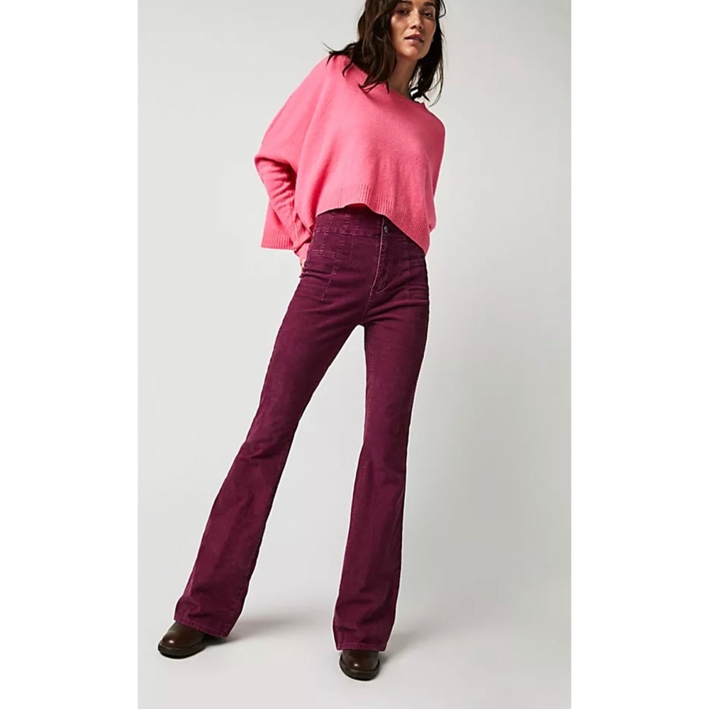 Free People Corduroy Flare Pants Burgundy Wine Frayed Hem W30 61855-16515125